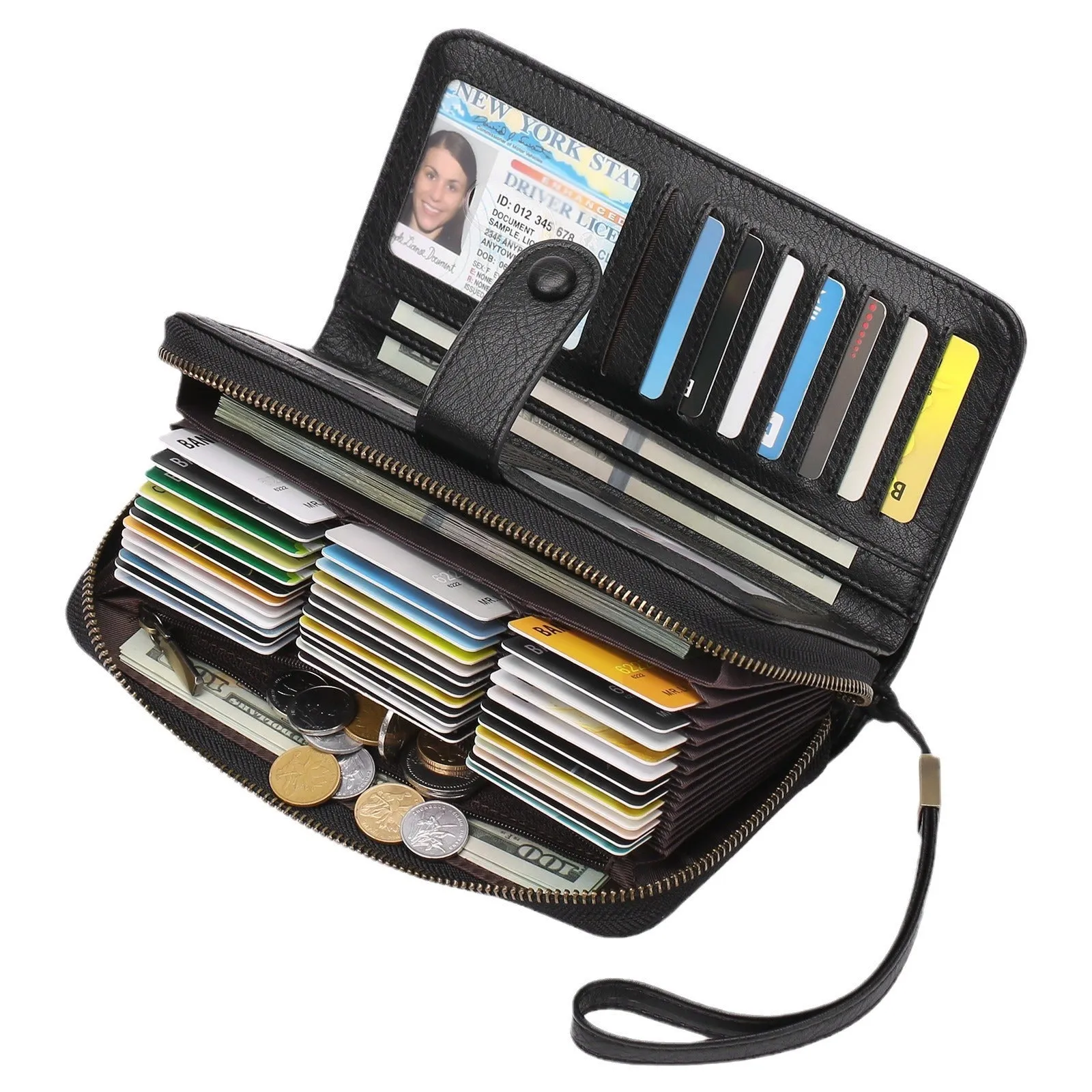 Light brown expanding card holder wallet for women showing multiple card slots and anti-theft swiping feature.