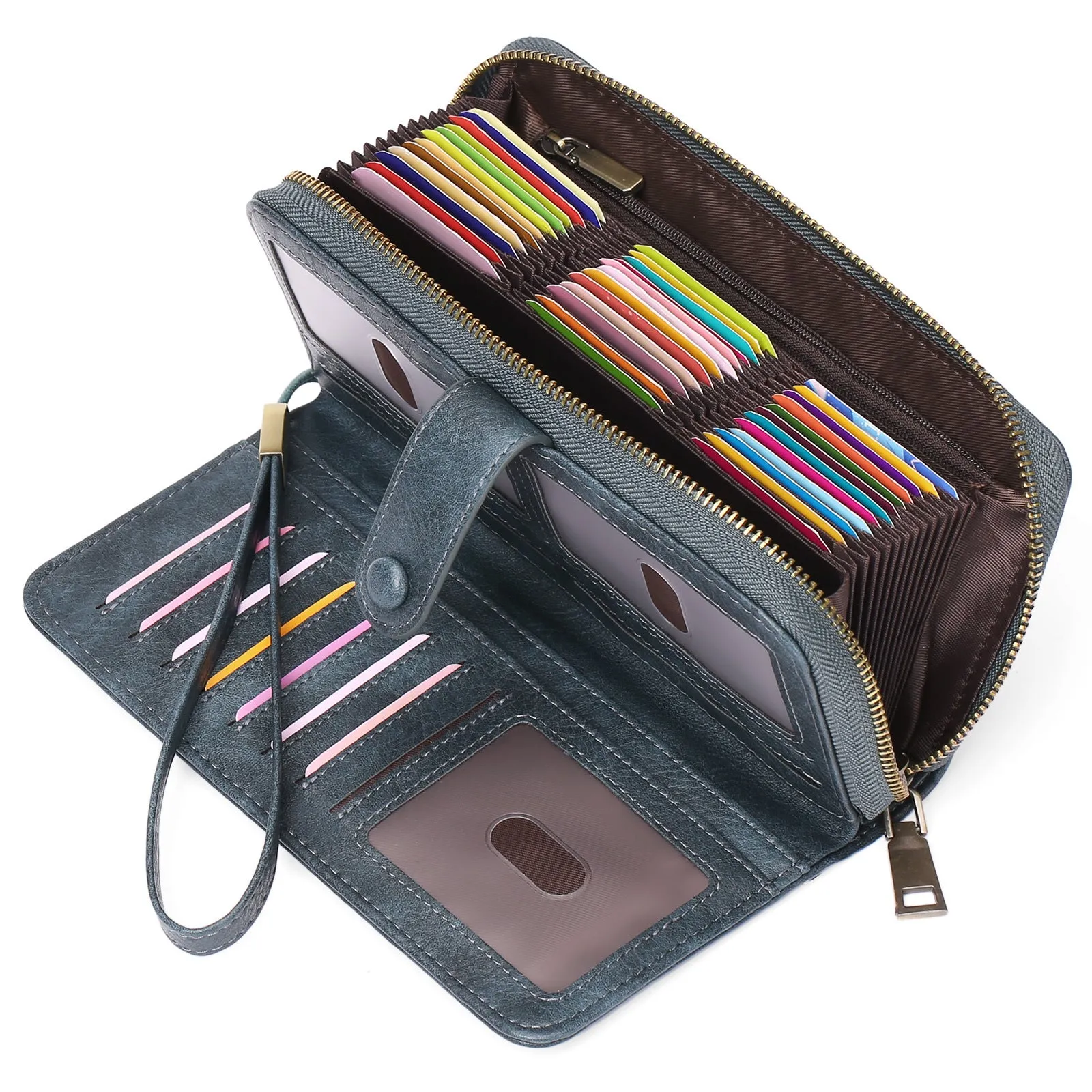 Light brown expanding card holder wallet for women showing multiple card slots and anti-theft swiping feature.