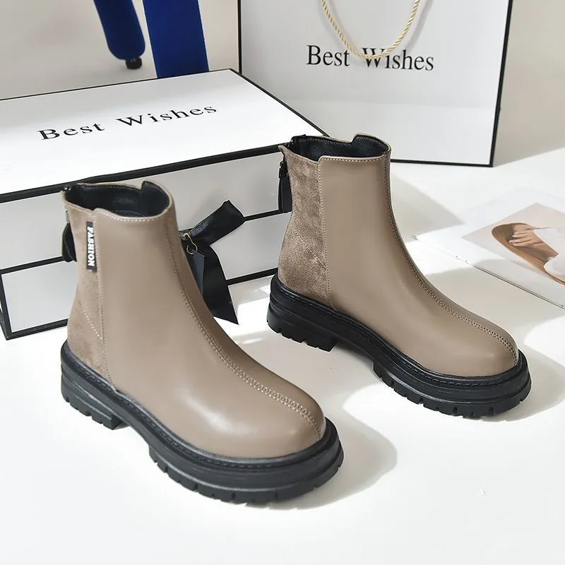 Large size women's platform Martin boots in solid colour, black, low tube, rubber sole