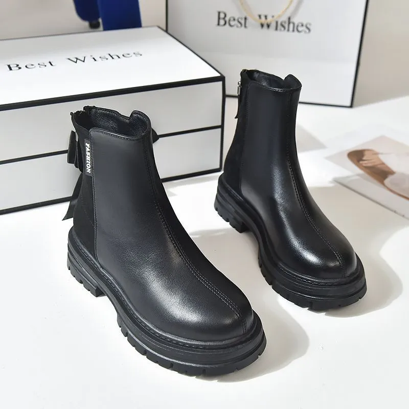Large size women's platform Martin boots in solid colour, black, low tube, rubber sole