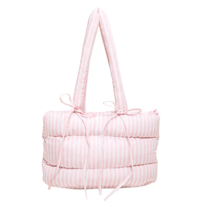 Women's cotton-padded tote bag large-capacity with bow and plaid pattern in black