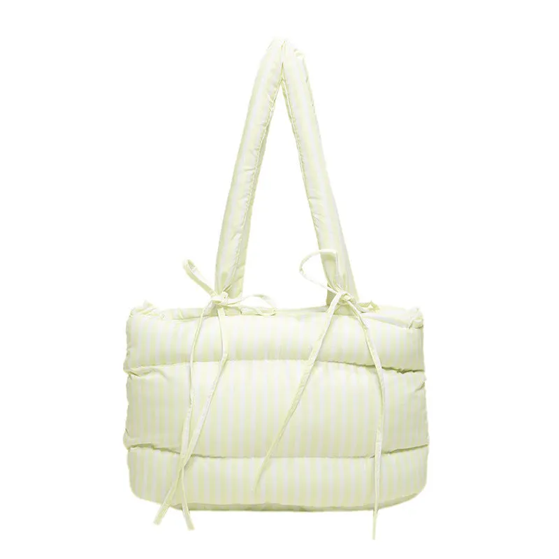 Women's cotton-padded tote bag large-capacity with bow and plaid pattern in black