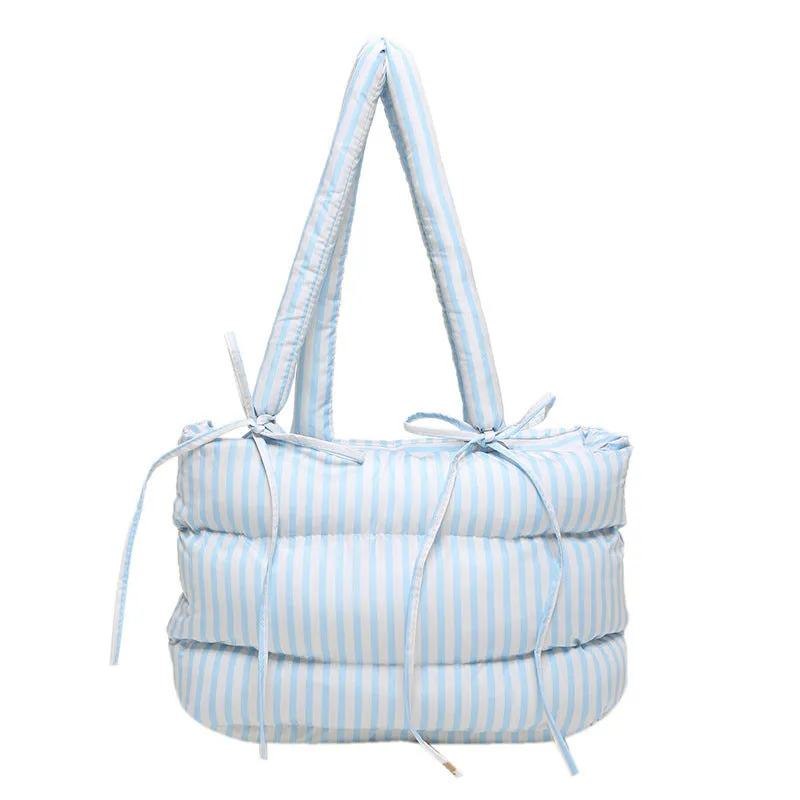 Women's cotton-padded tote bag large-capacity with bow and plaid pattern in black