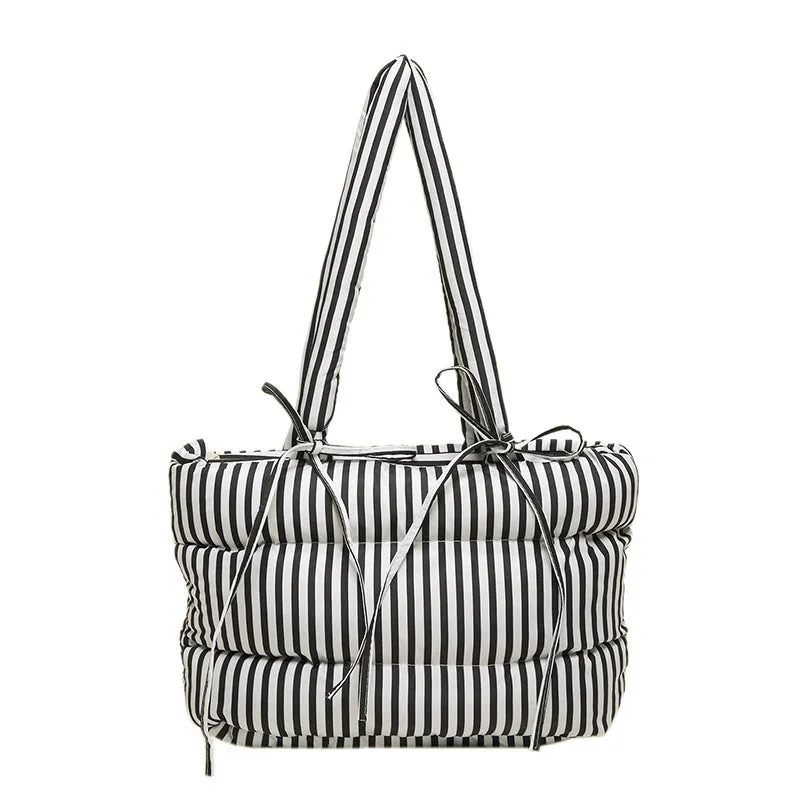 Women's cotton-padded tote bag large-capacity with bow and plaid pattern in black