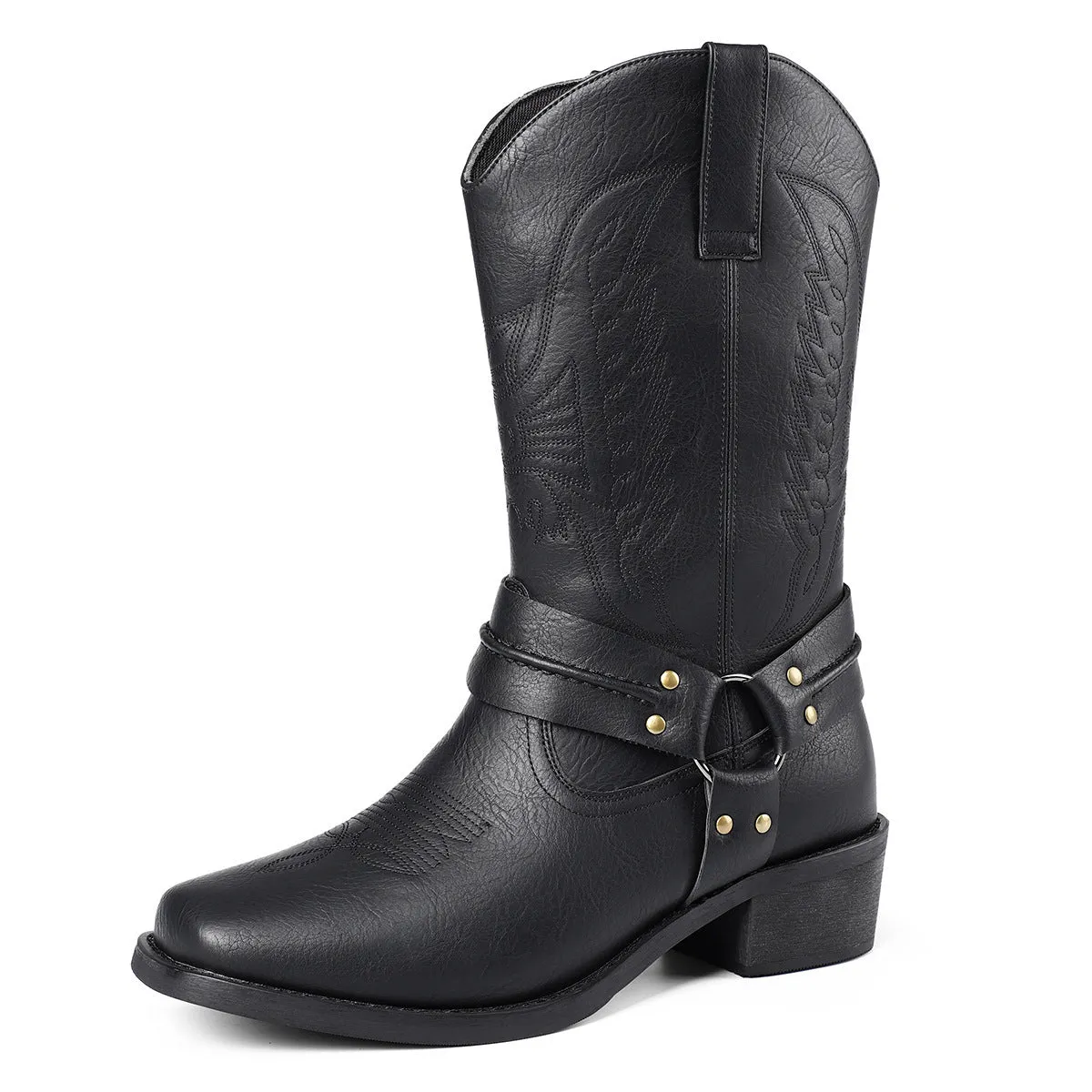 Men's retro high heel leather boots with square toe and horseshoe heel in brown