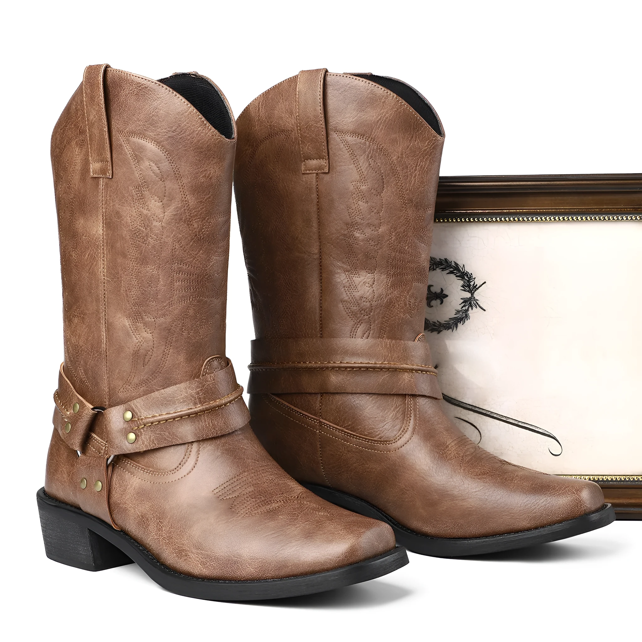 Men's retro high heel leather boots with square toe and horseshoe heel in brown