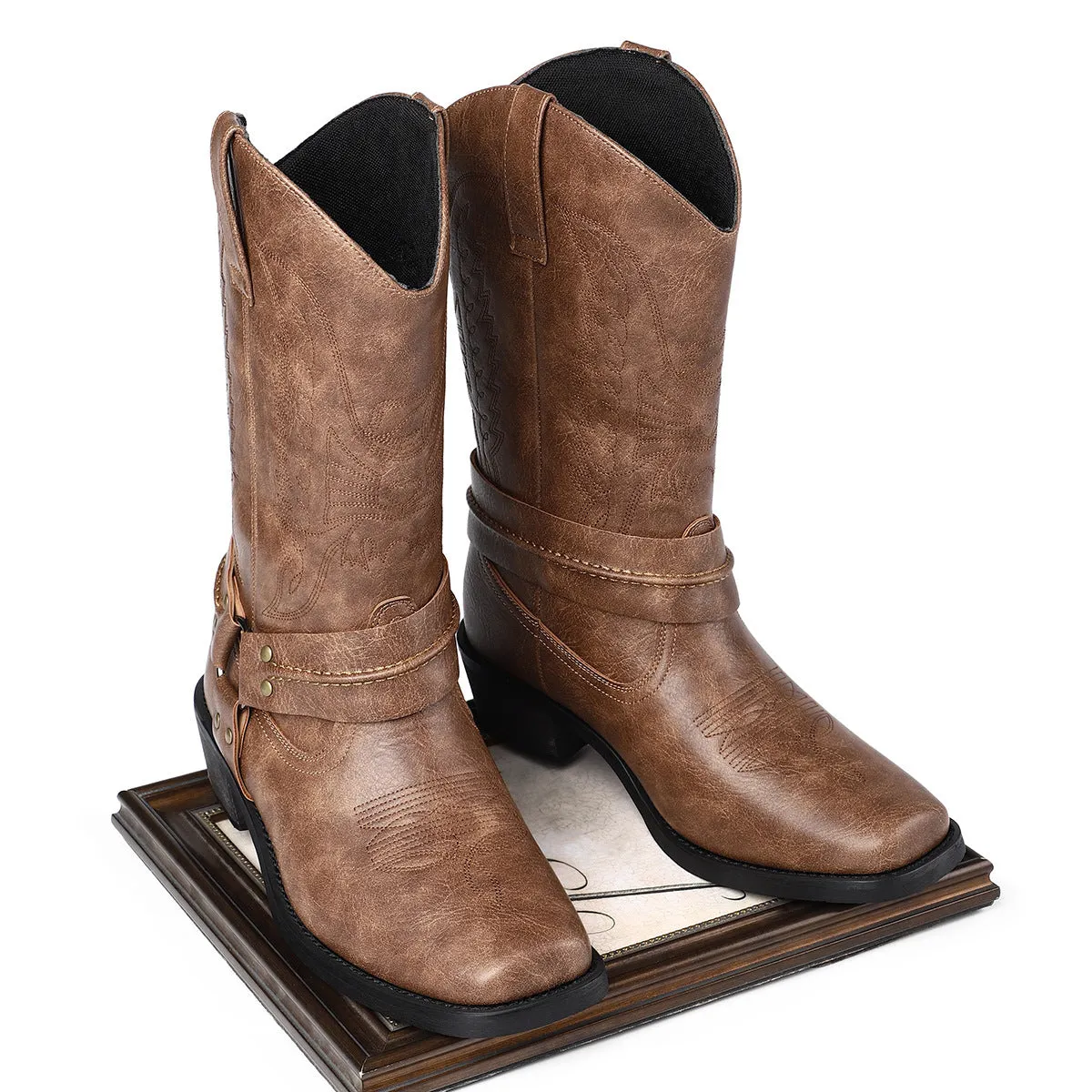 Men's retro high heel leather boots with square toe and horseshoe heel in brown