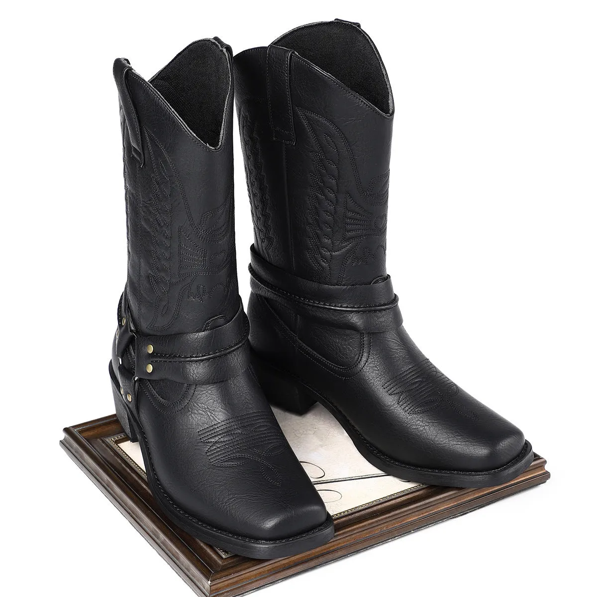 Men's retro high heel leather boots with square toe and horseshoe heel in brown