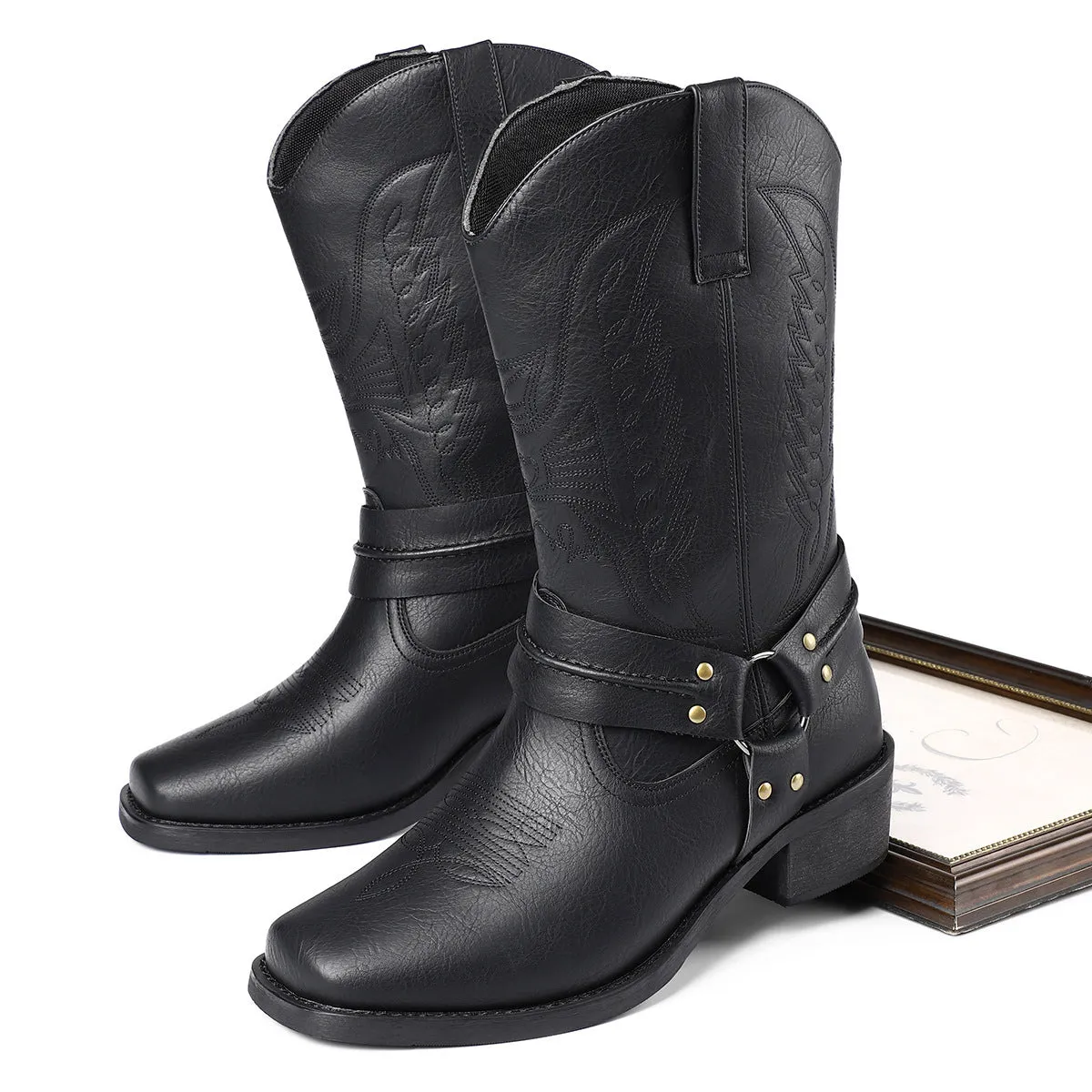 Men's retro high heel leather boots with square toe and horseshoe heel in brown