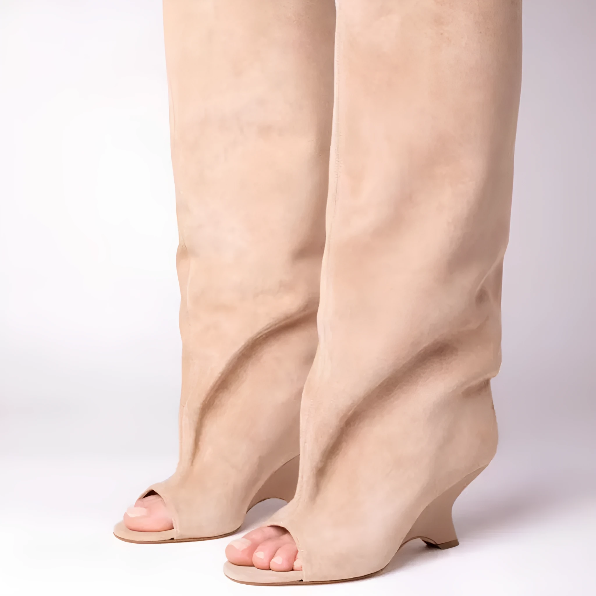 Women's peep toe wedge suede sandal boots in apricot, tassel detail, rubber sole