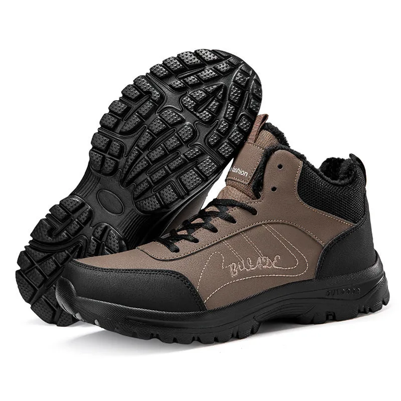 Men's large size fleece-lined mid-top casual sports shoes in black with rubber sole and lace-up closure