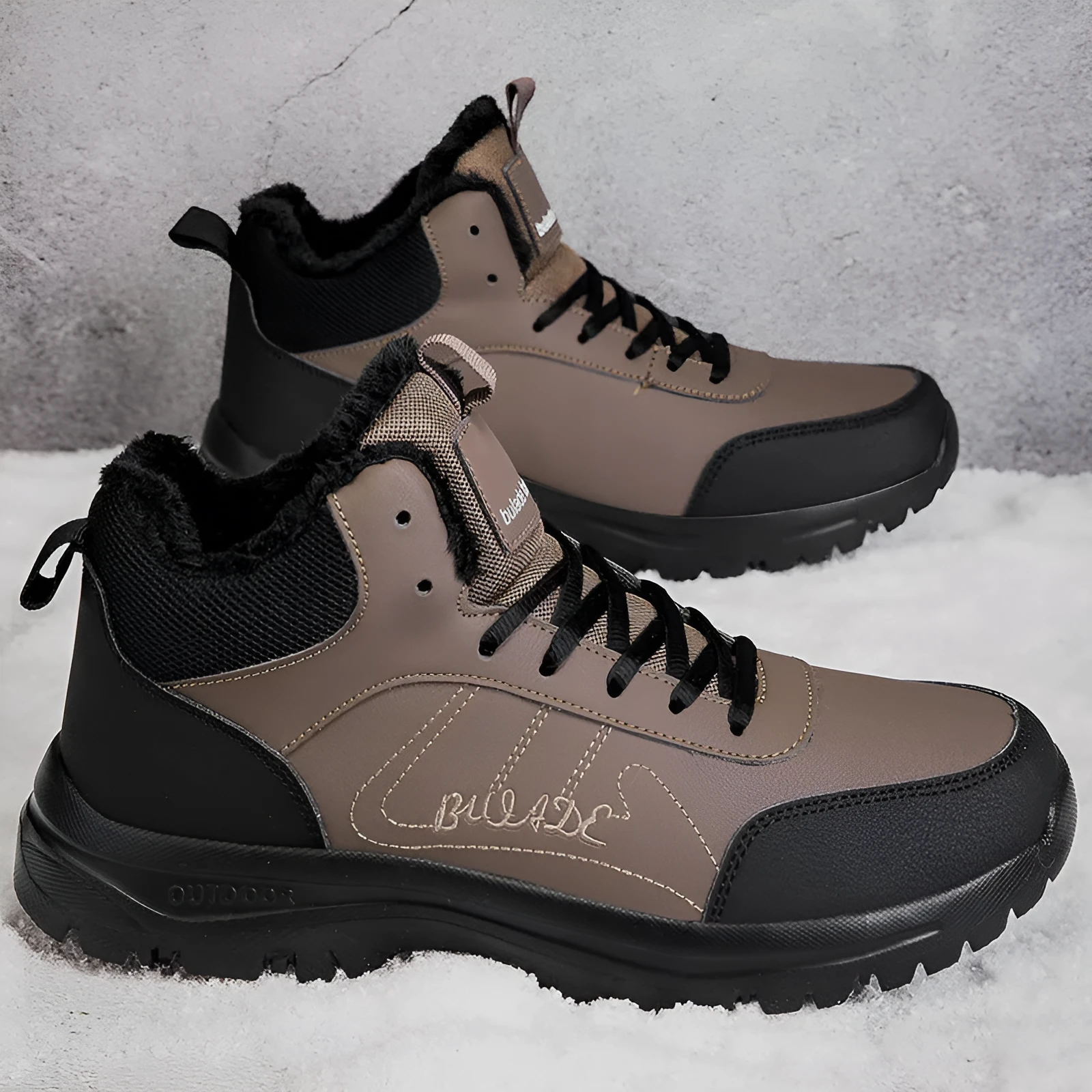 Men's large size fleece-lined mid-top casual sports shoes in black with rubber sole and lace-up closure