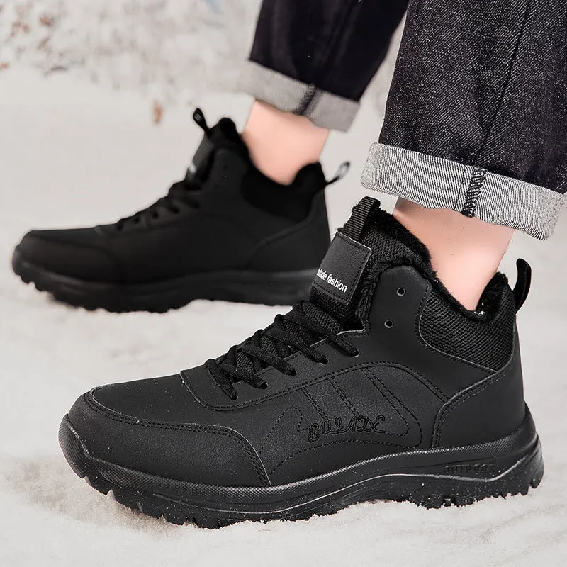 Men's large size fleece-lined mid-top casual sports shoes in black with rubber sole and lace-up closure