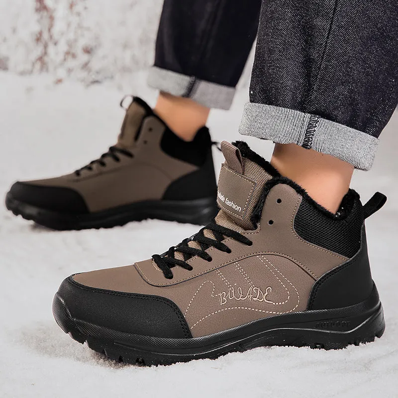 Men's large size fleece-lined mid-top casual sports shoes in black with rubber sole and lace-up closure