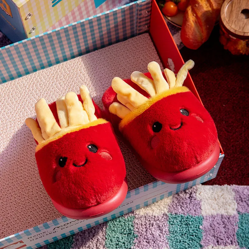 New indoor cotton slippers for women with suede upper and EVA sole, French fries design, available in multiple sizes.