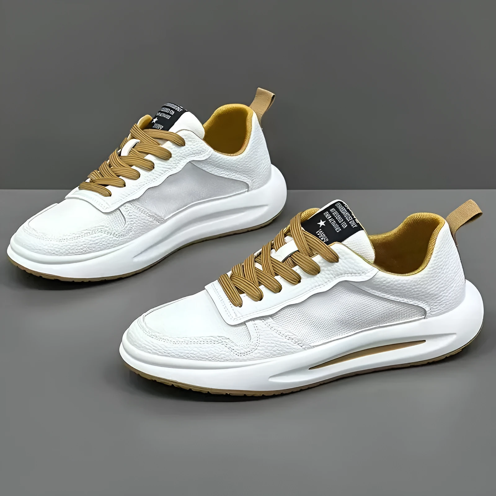 Men's breathable mesh casual shoes in white and yellow with rubber sole, size 39 to 43