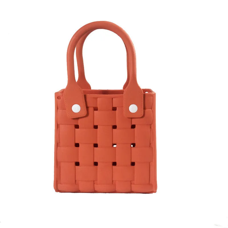 Light luxury minority beach messenger bag in pink, square vertical EVA woven design with double shoulder straps