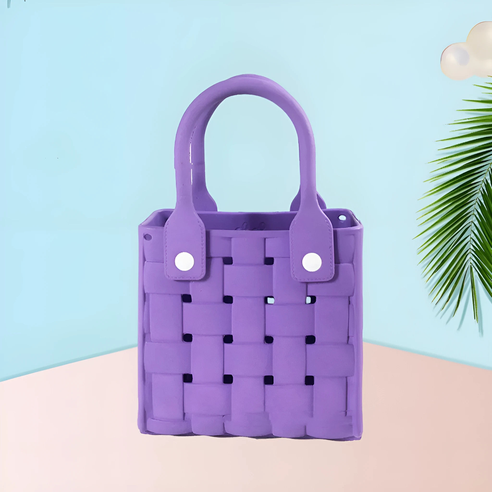 Light luxury minority beach messenger bag in pink, square vertical EVA woven design with double shoulder straps
