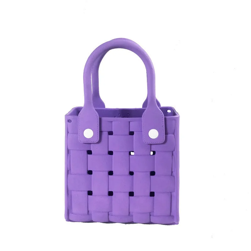 Light luxury minority beach messenger bag in pink, square vertical EVA woven design with double shoulder straps