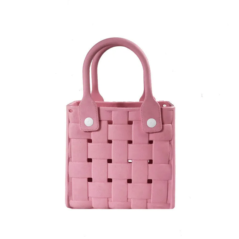 Light luxury minority beach messenger bag in pink, square vertical EVA woven design with double shoulder straps