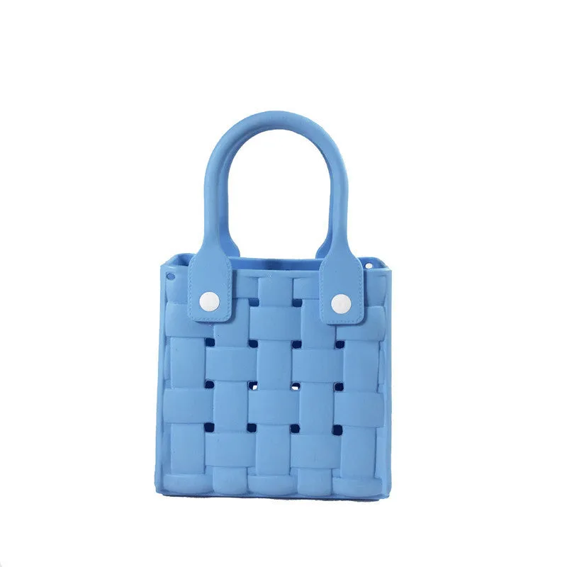 Light luxury minority beach messenger bag in pink, square vertical EVA woven design with double shoulder straps