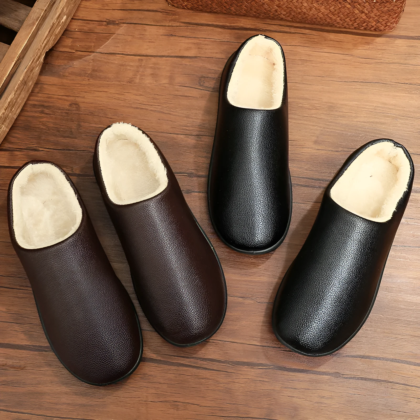 Men's black cotton half slippers with non-slip PVC sole and round toe cap
