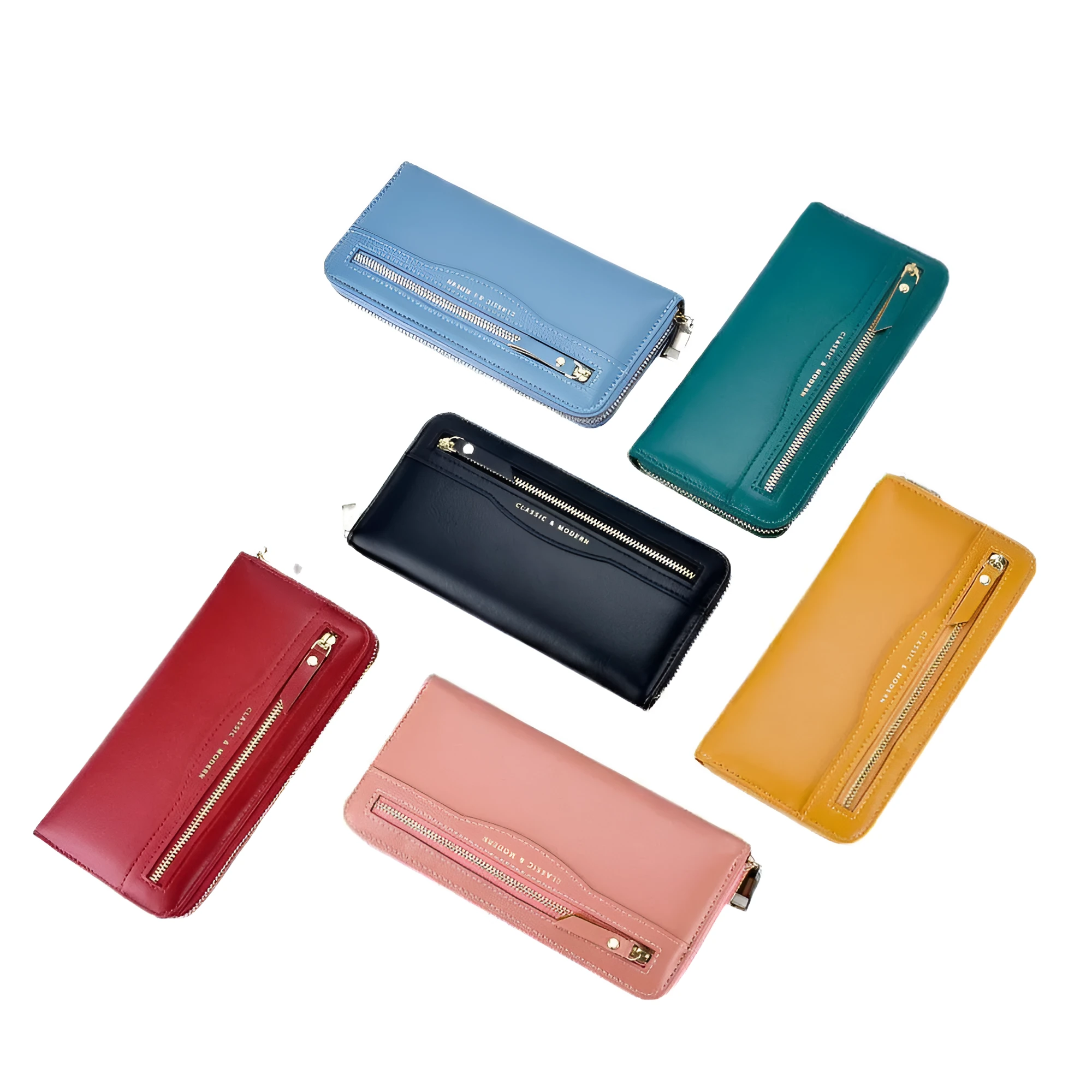 Women's long clutch wallet in PU leather with zipper closure, available in multiple colours