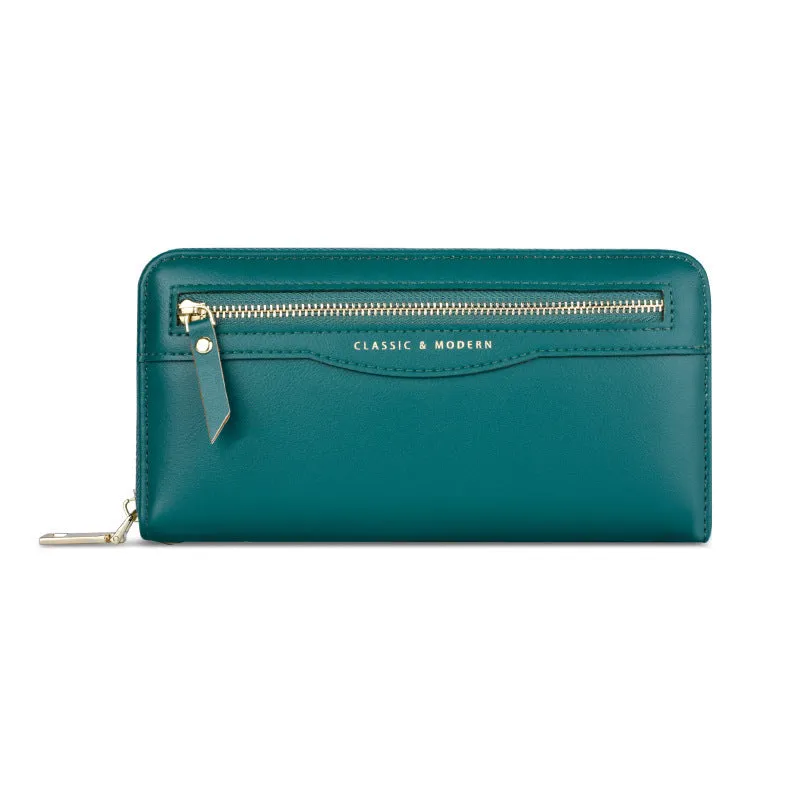 Women's long clutch wallet in PU leather with zipper closure, available in multiple colours