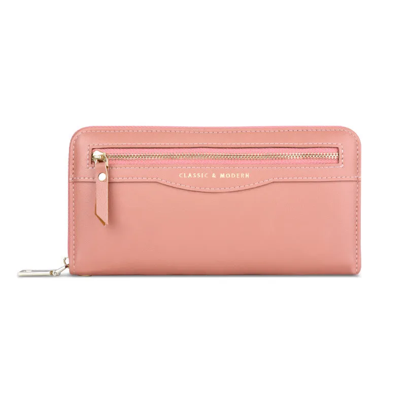 Women's long clutch wallet in PU leather with zipper closure, available in multiple colours