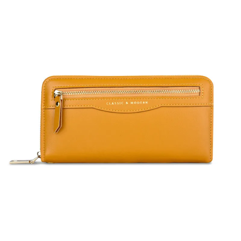 Women's long clutch wallet in PU leather with zipper closure, available in multiple colours