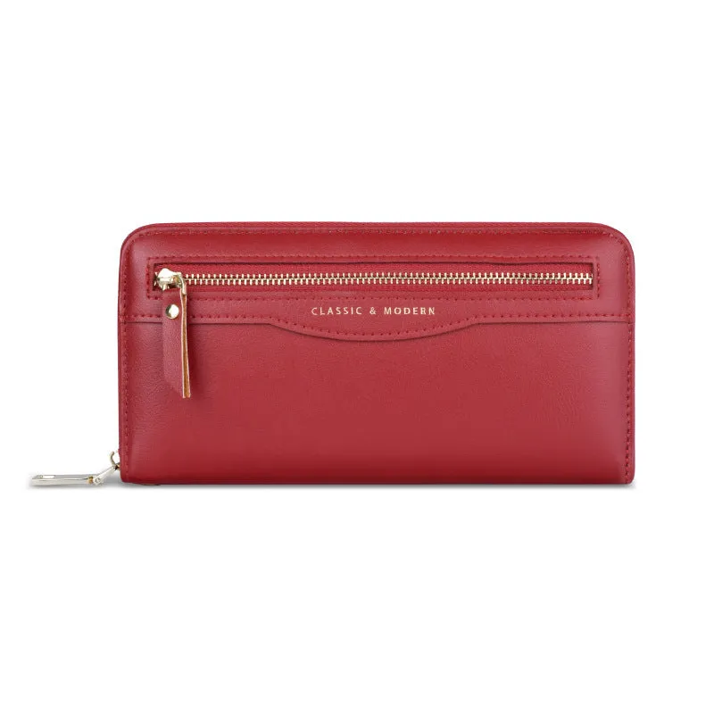 Women's long clutch wallet in PU leather with zipper closure, available in multiple colours