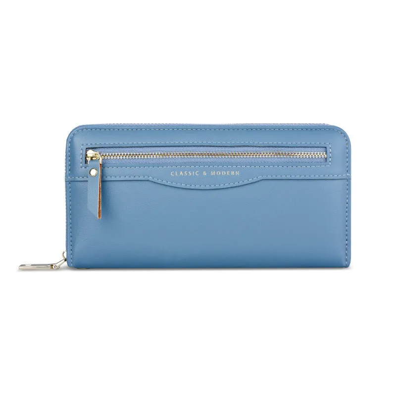 Women's long clutch wallet in PU leather with zipper closure, available in multiple colours