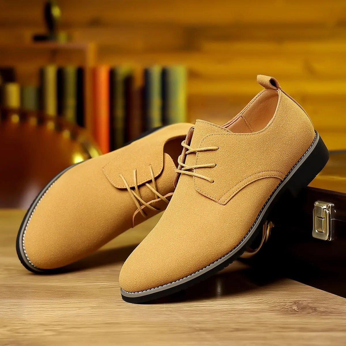 Large size men's casual leather shoes with artificial PU upper and rubber sole in khaki colour, low-top round toe design