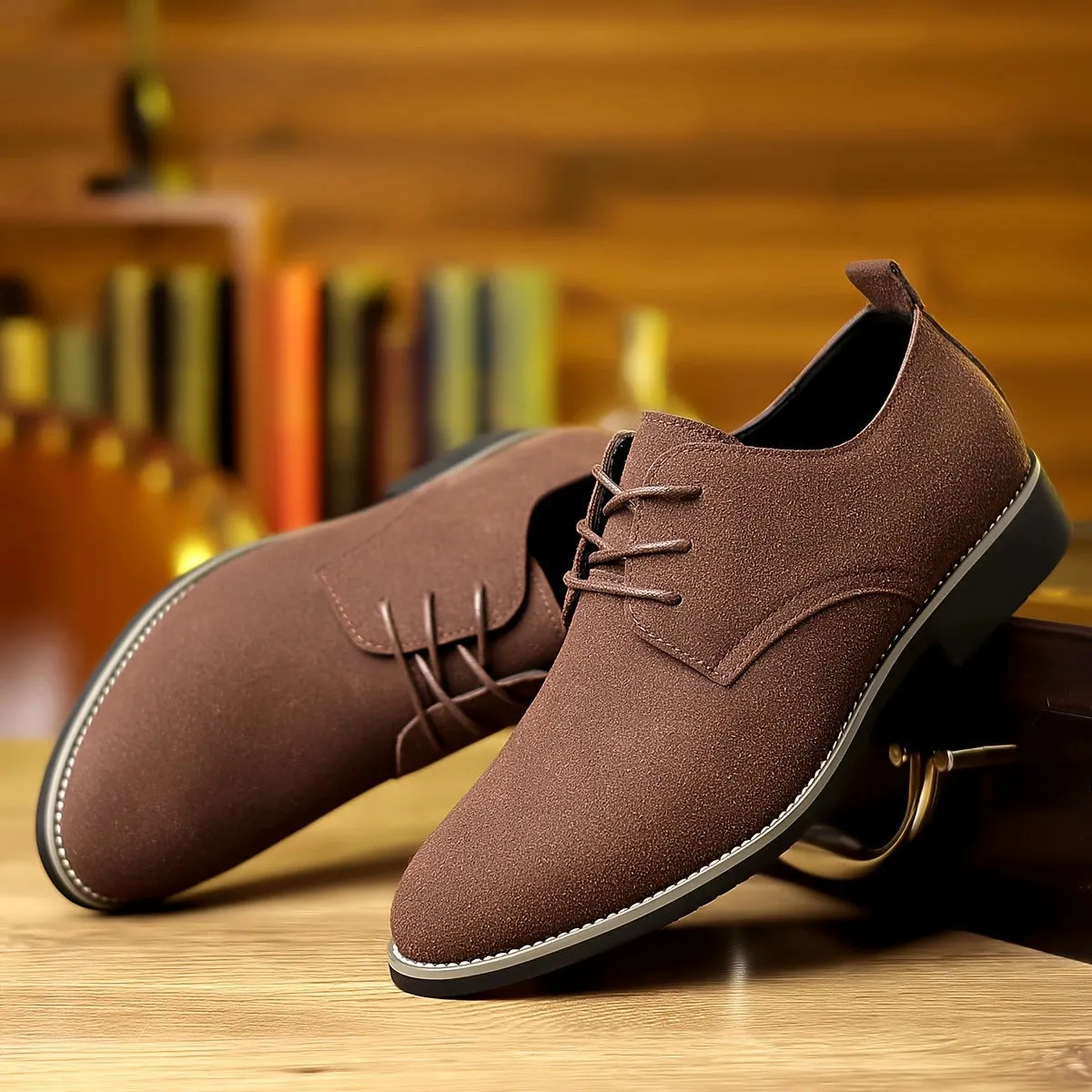 Large size men's casual leather shoes with artificial PU upper and rubber sole in khaki colour, low-top round toe design
