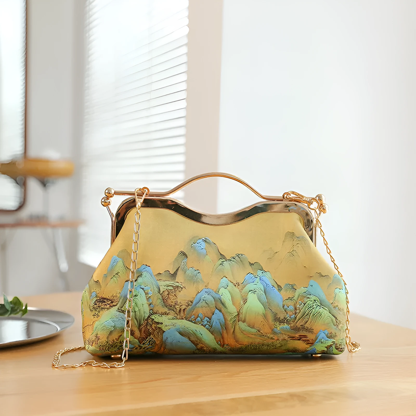 High-end ethnic style tote clutch bag for women – polyester shell shape with printed literary pattern and zipper change pocket, multiple colour options
