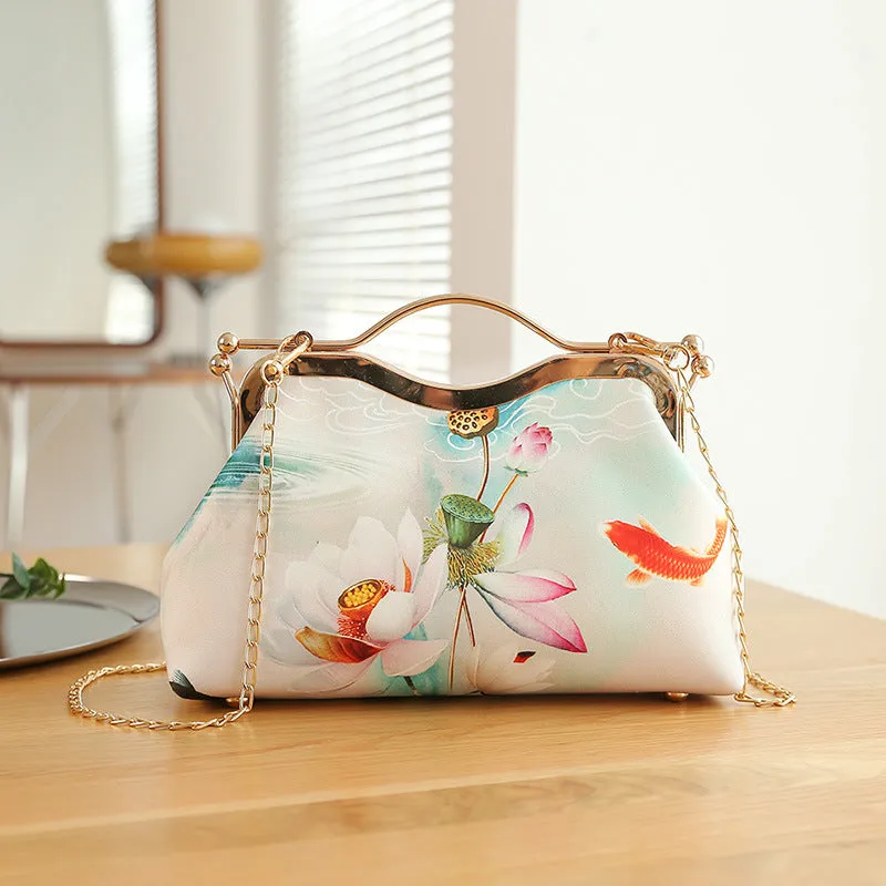 High-end ethnic style tote clutch bag for women – polyester shell shape with printed literary pattern and zipper change pocket, multiple colour options