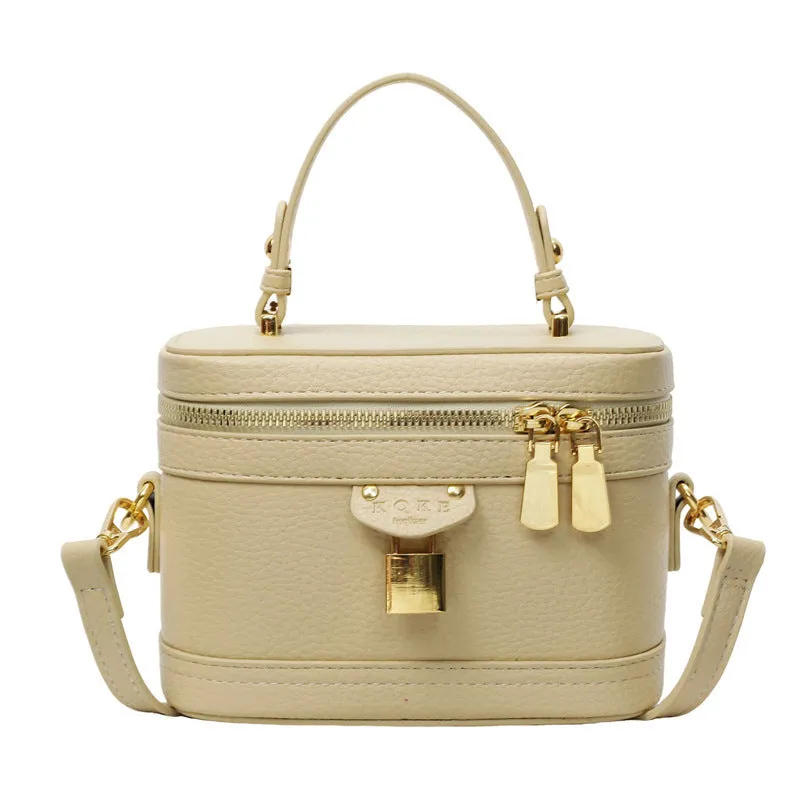Women's PU leather messenger bag with sewing thread detail, beige colour, box shape, three-dimensional outer pocket