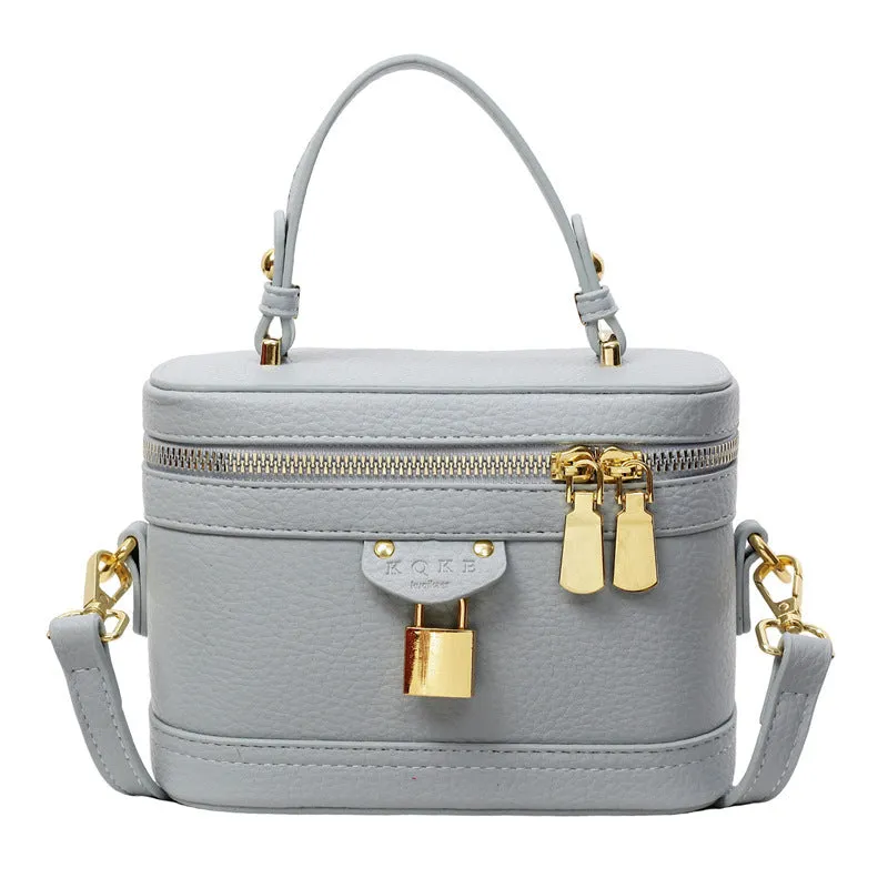 Women's PU leather messenger bag with sewing thread detail, beige colour, box shape, three-dimensional outer pocket