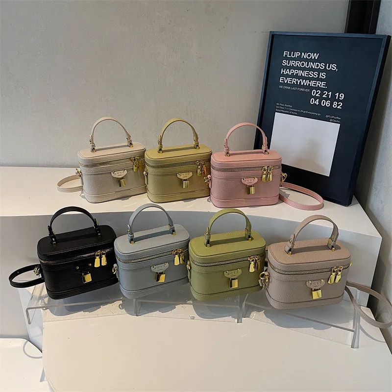 Women's PU leather messenger bag with sewing thread detail, beige colour, box shape, three-dimensional outer pocket