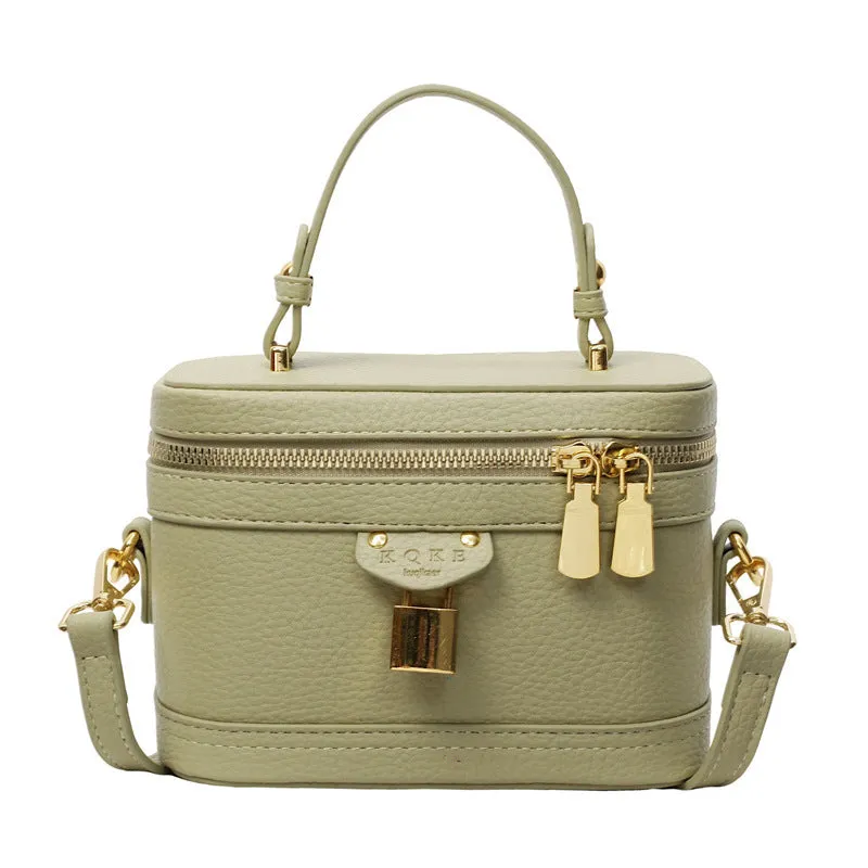 Women's PU leather messenger bag with sewing thread detail, beige colour, box shape, three-dimensional outer pocket