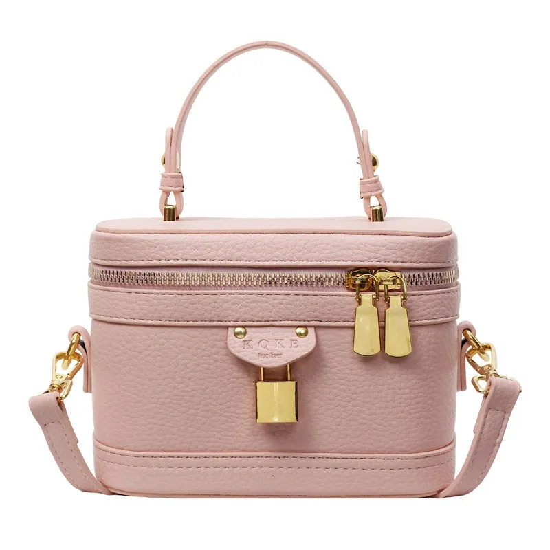 Women's PU leather messenger bag with sewing thread detail, beige colour, box shape, three-dimensional outer pocket