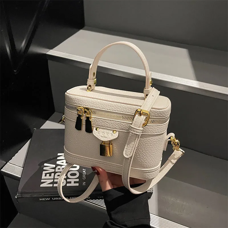 Women's PU leather messenger bag with sewing thread detail, beige colour, box shape, three-dimensional outer pocket