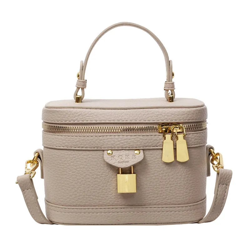 Women's PU leather messenger bag with sewing thread detail, beige colour, box shape, three-dimensional outer pocket