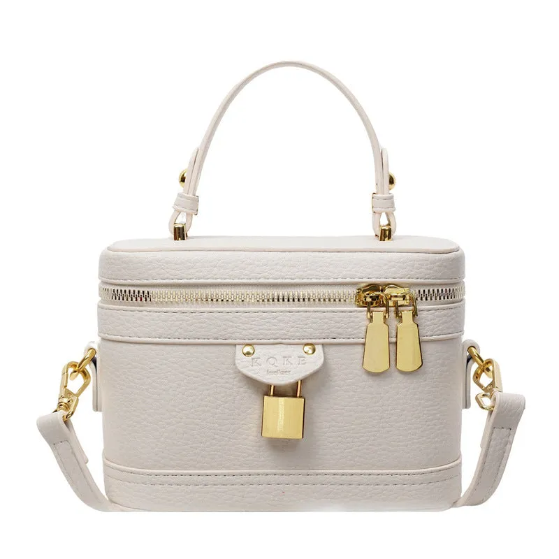 Women's PU leather messenger bag with sewing thread detail, beige colour, box shape, three-dimensional outer pocket