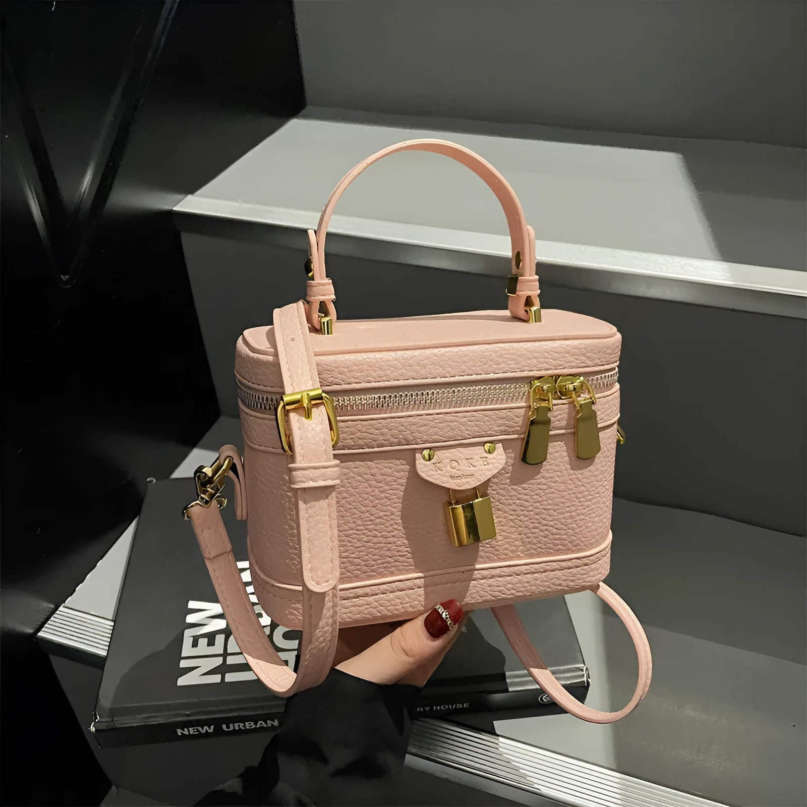 Women's PU leather messenger bag with sewing thread detail, beige colour, box shape, three-dimensional outer pocket