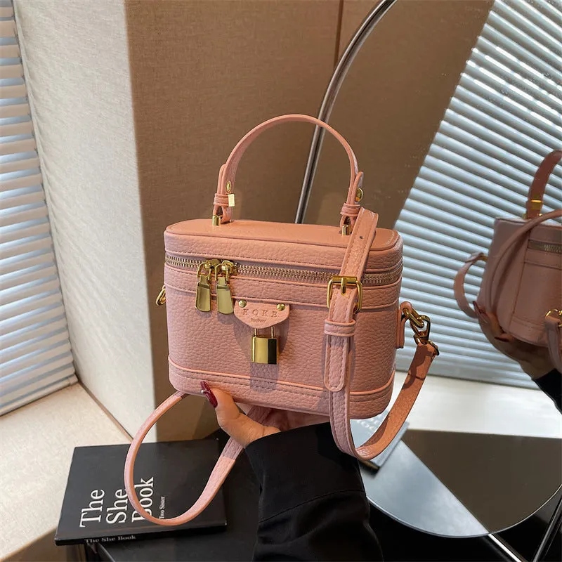 Women's PU leather messenger bag with sewing thread detail, beige colour, box shape, three-dimensional outer pocket