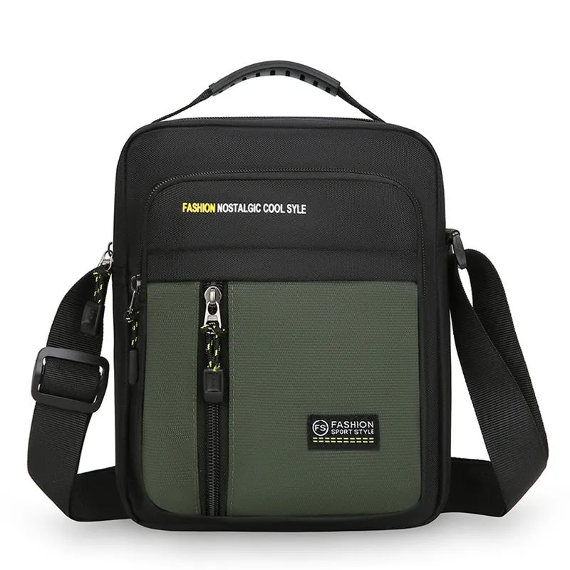 Men's nylon crossbody messenger bag in green colour with visible sewing thread detailing