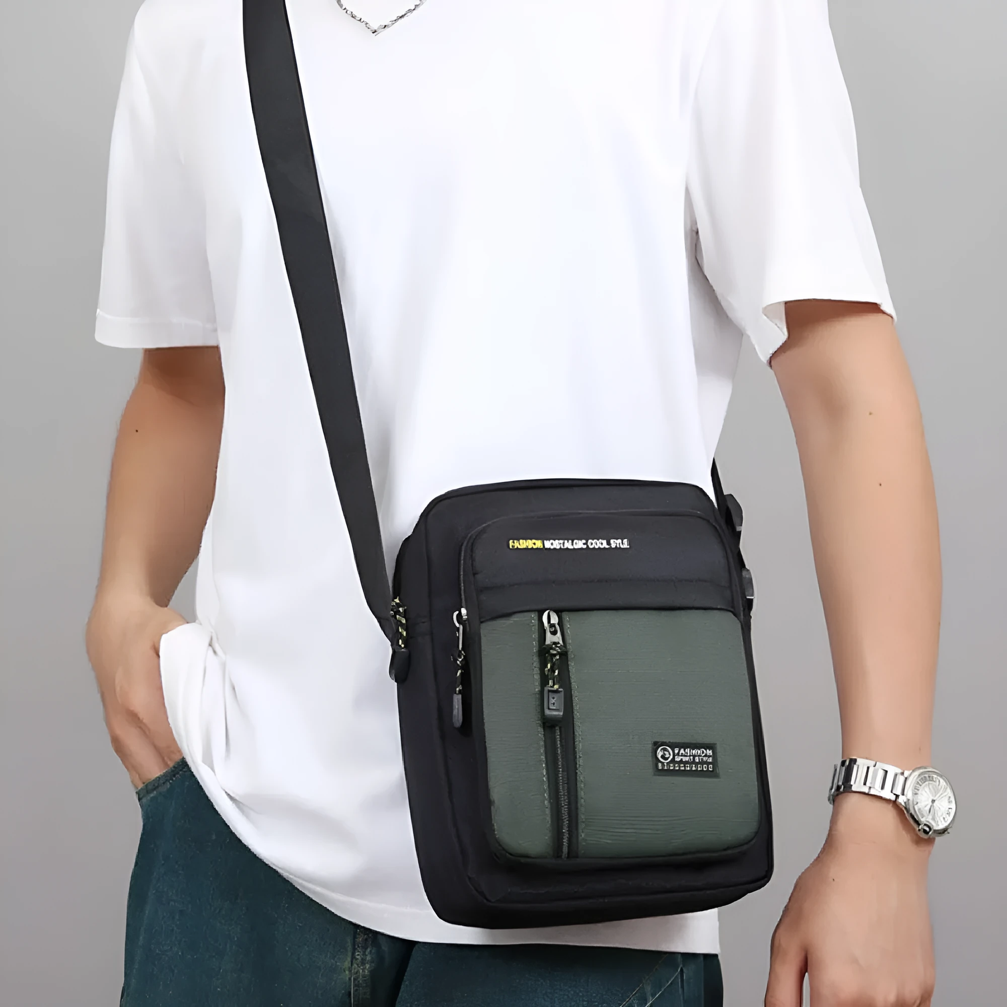 Men's nylon crossbody messenger bag in green colour with visible sewing thread detailing