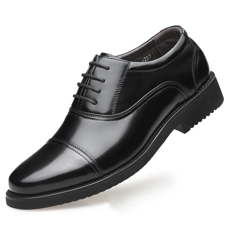 Black cowhide men's business formal leather shoes with round toe and rubber sole