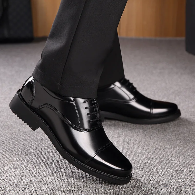 Black cowhide men's business formal leather shoes with round toe and rubber sole